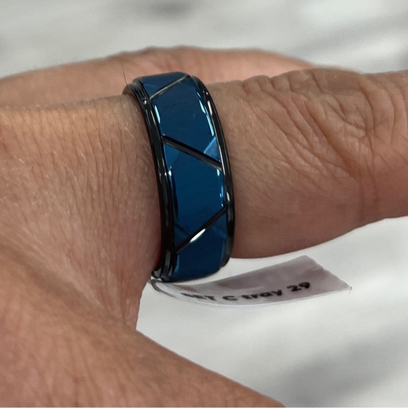 New 8mm Tungsten blue black IP plated Trapezoid stepped edge sizes 7 to 15 - Picture 8 of 8